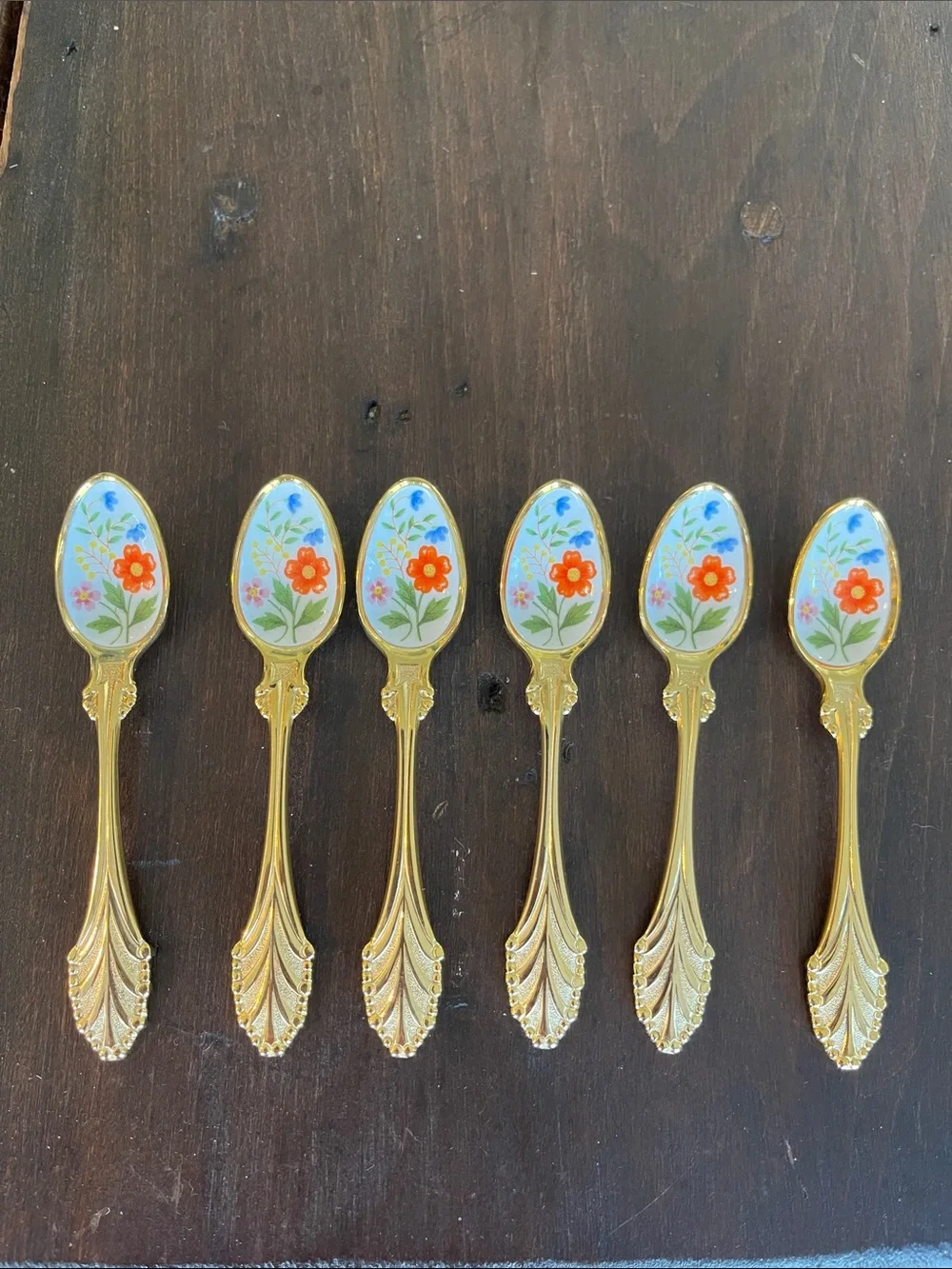 Vintage Linden Gold-Plated Floral Enamel Inlay Set of Six Small Demitasse Spoons